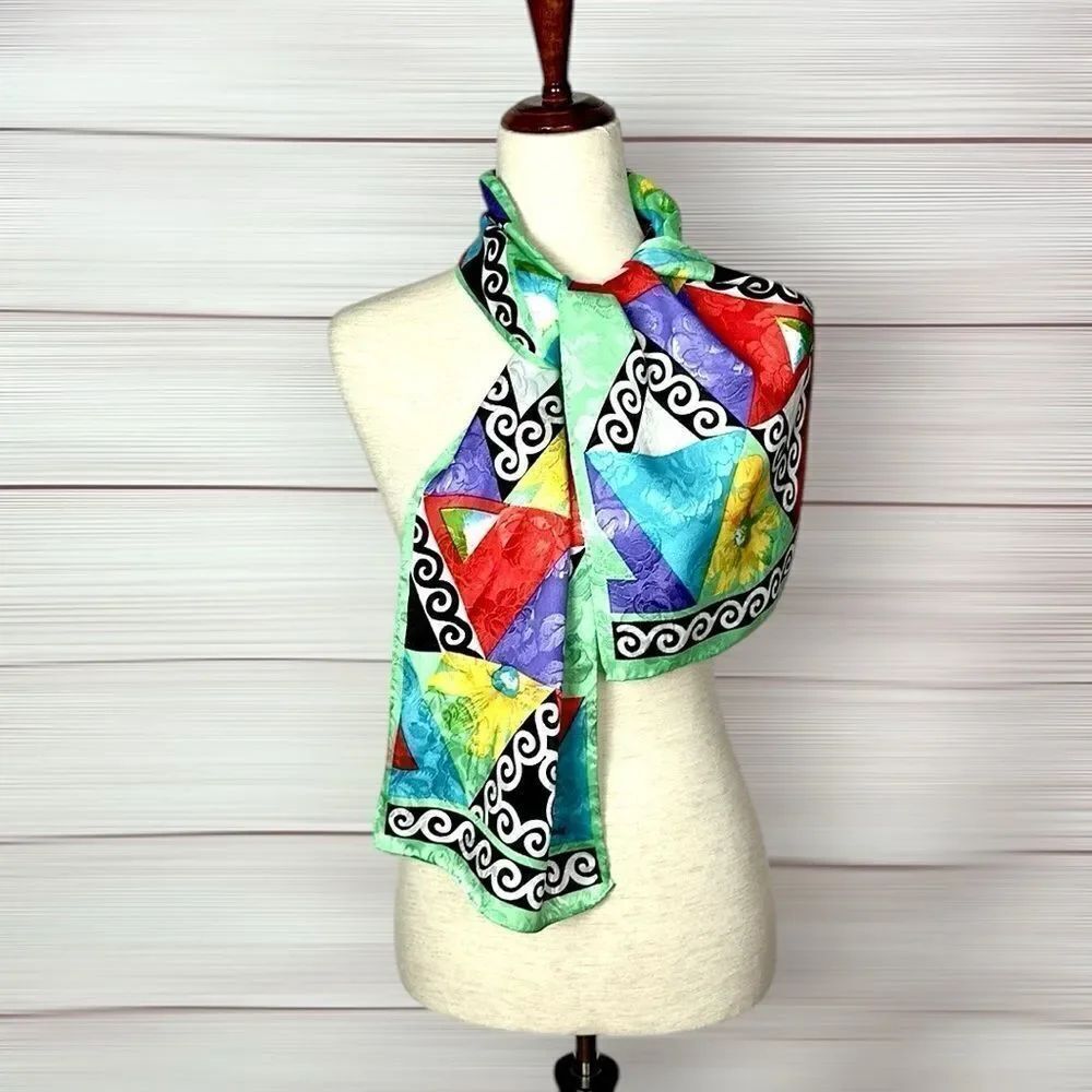 HONEY Silk Rectangle Scarf Colorful Geometric Pattern - Picture 4 of 7